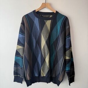 F/X Fusion Men's Geometric Argyle Crewneck Sweater Navy Blue Teal Size X-Large